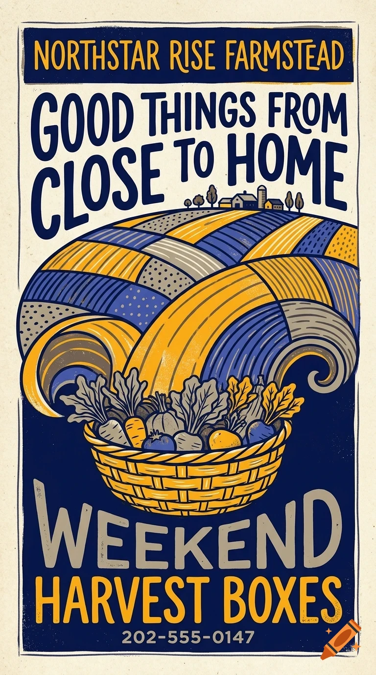 An illustrated poster for Northstar Rise Farmstead featuring a basket of harvested vegetables in front of rolling fields and a farmhouse under bold typography.