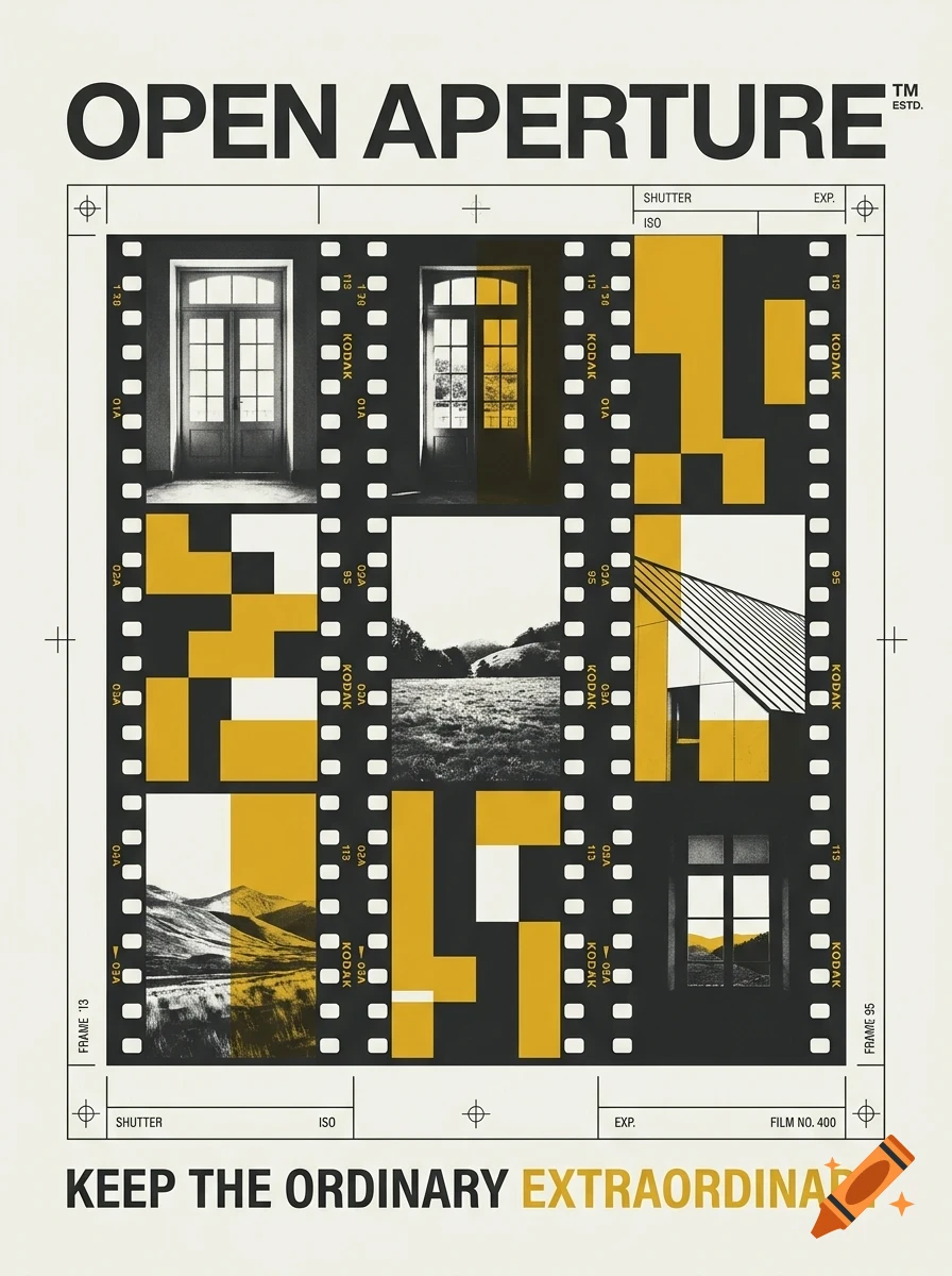 A poster featuring film strip graphics with mixed photography and yellow and black abstract blocks, with the text OPEN APERTURE and KEEP THE ORDINARY EXTRAORDINARY.