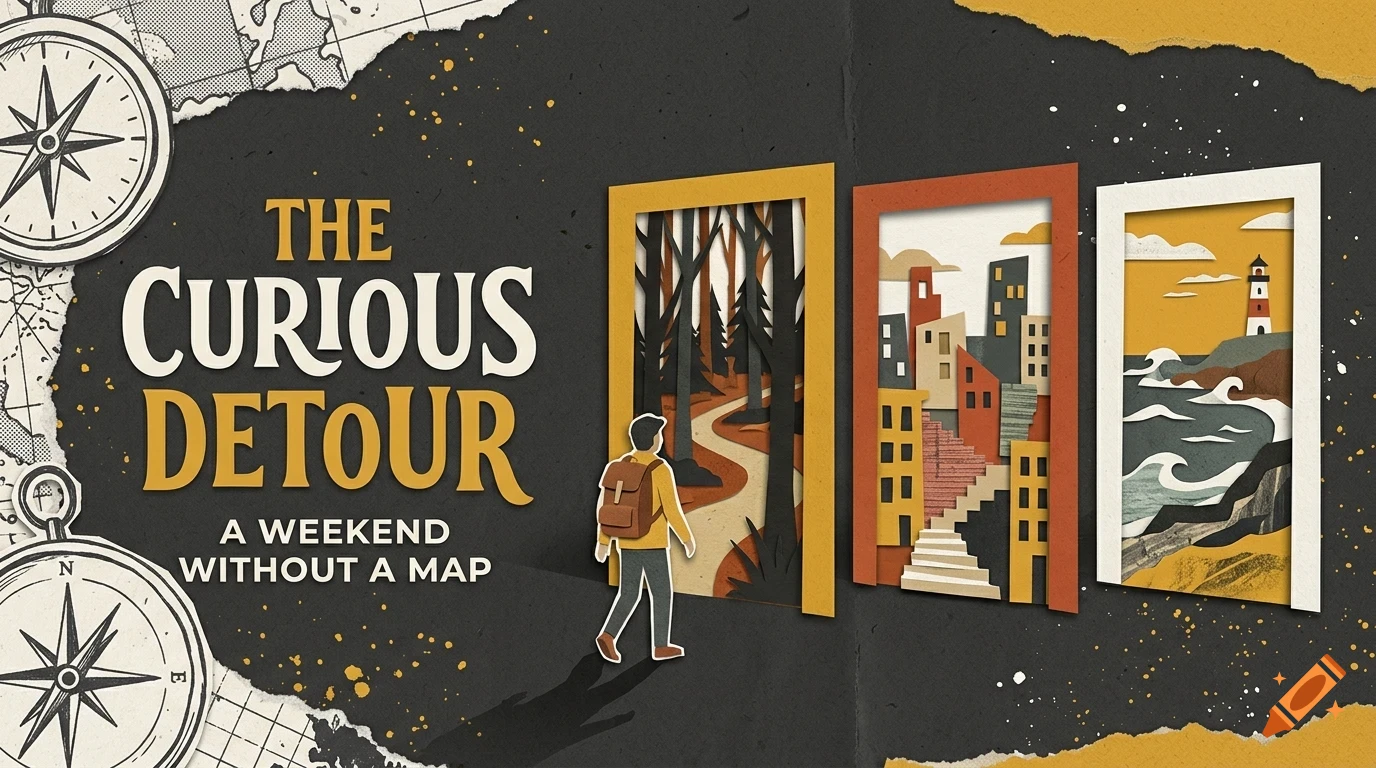 An illustration with text reading The Curious Detour, A Weekend Without A Map, showing a backpacker walking toward three framed portals revealing a forest, a city, and the ocean.