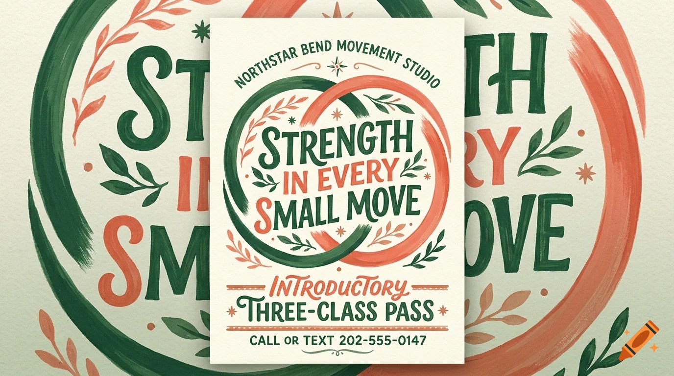 A flyer with green and coral lettering reading Strength in every small move over an illustrated background with interlocking rings and leaves.