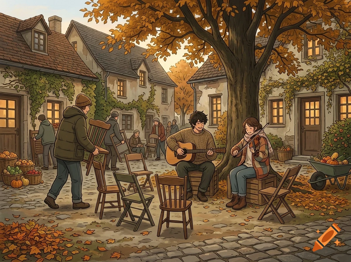 People gathering and playing music in a cobblestone village square surrounded by autumn trees and houses.