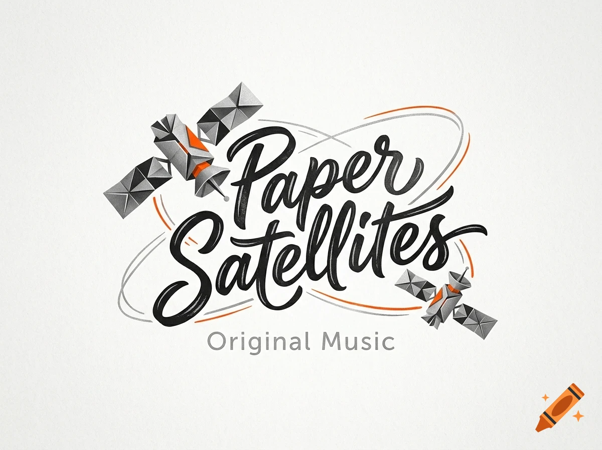 Illustration of paper satellites with lettering saying Paper Satellites Original Music.
