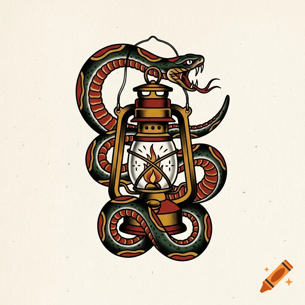 An illustrated traditional tattoo design of a coiled snake wrapped around a lit lantern.