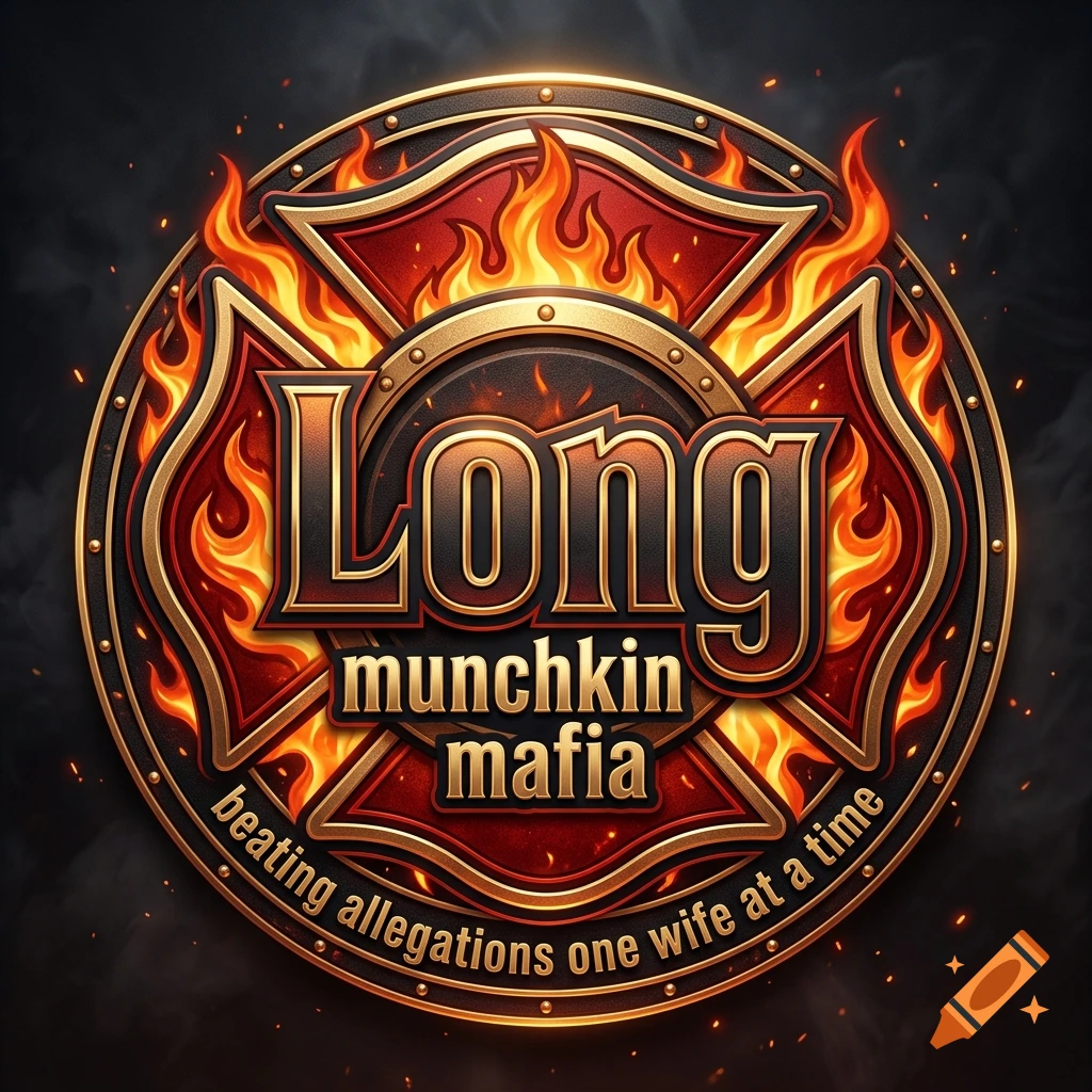 An emblem with a Maltese cross, fire, and the text Long munchkin mafia beating allegations one wife at a time.