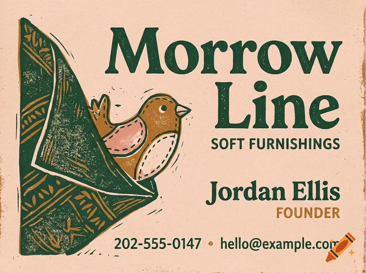 A business card design for Morrow Line Soft Furnishings featuring a brown stitched bird and green fabric pattern, with text including Jordan Ellis Founder, phone, and email.