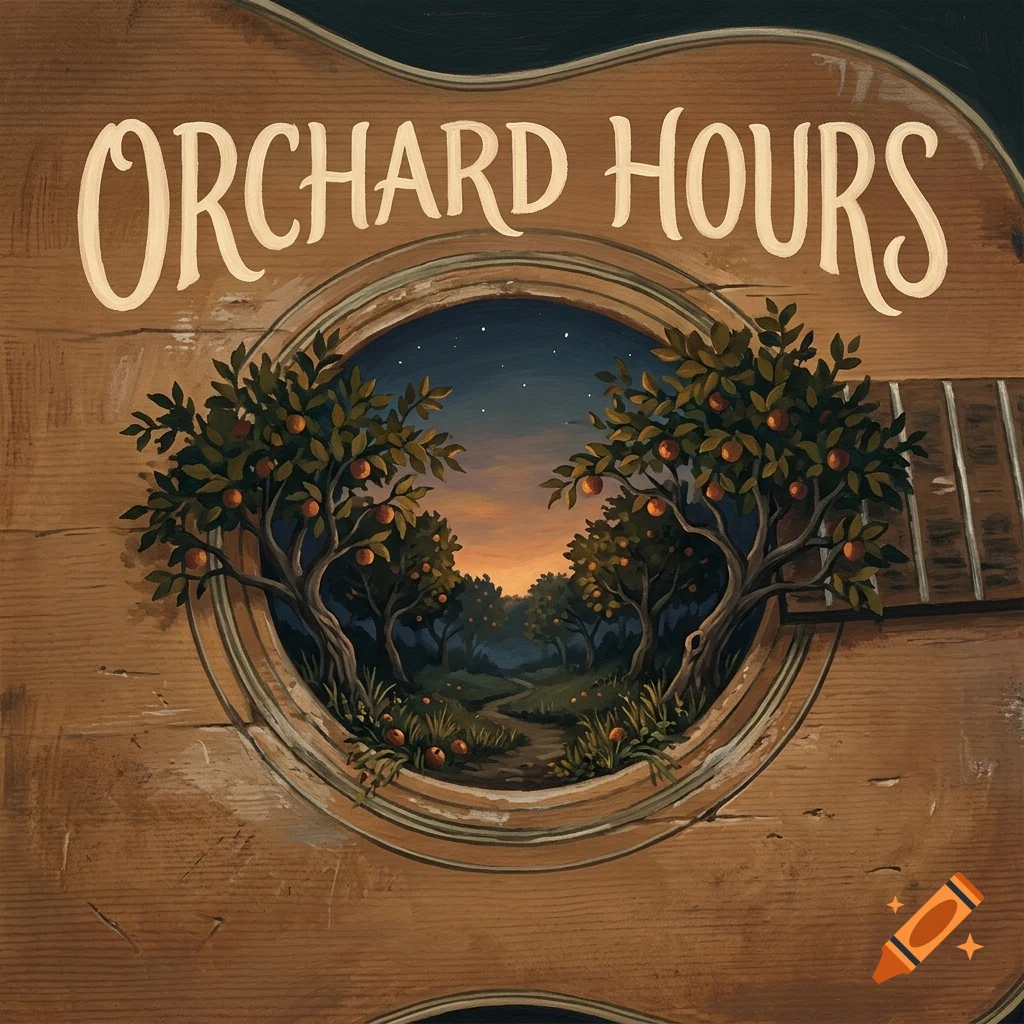 An acoustic guitar body features a soundhole framing a twilight orchard scene with trees and fruit, accompanied by the text 'Orchard Hours'.