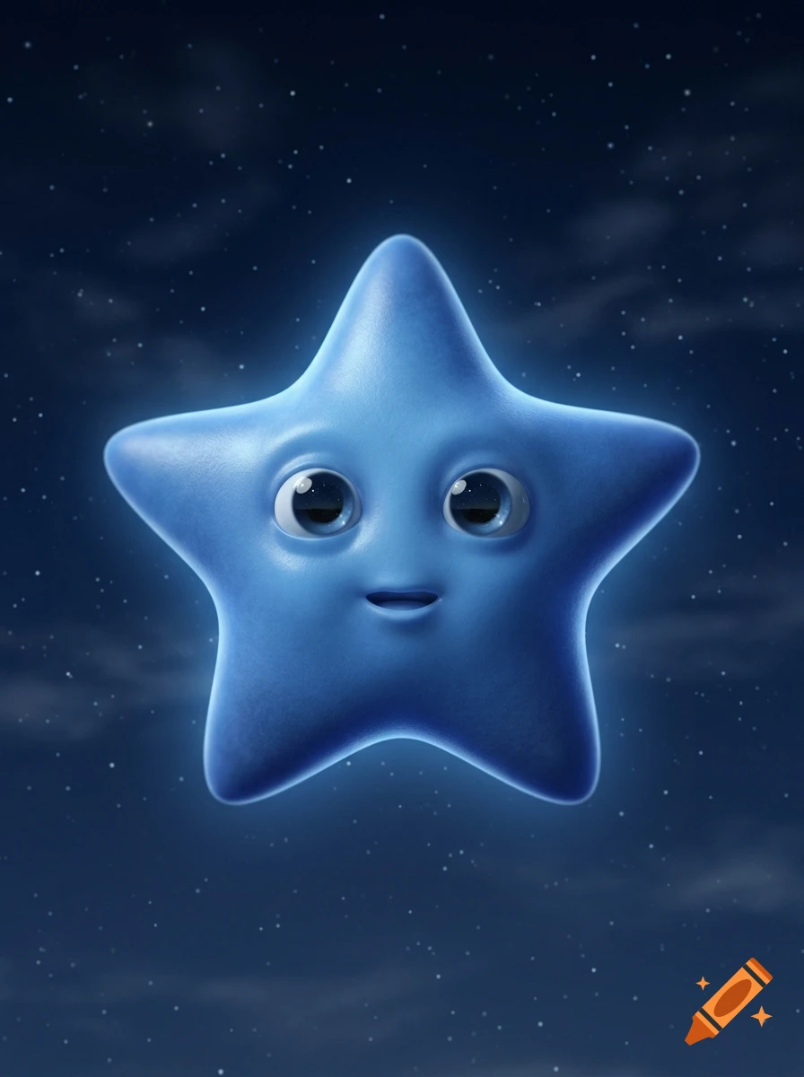 A cute blue star character with big eyes and a small mouth, floating against a dark starry night sky.