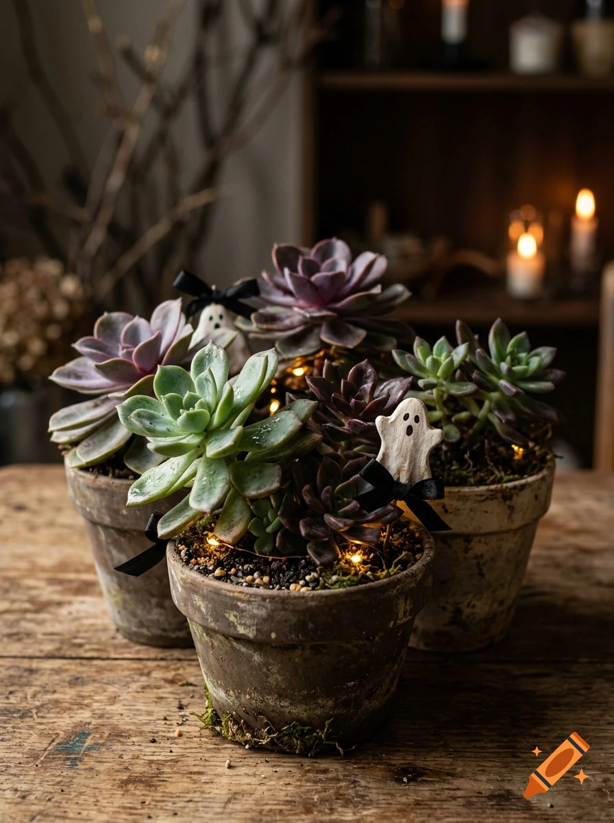 Close-up photograph of three potted succulent plants decorated with tiny white ghost figures and black bows on a wooden table.