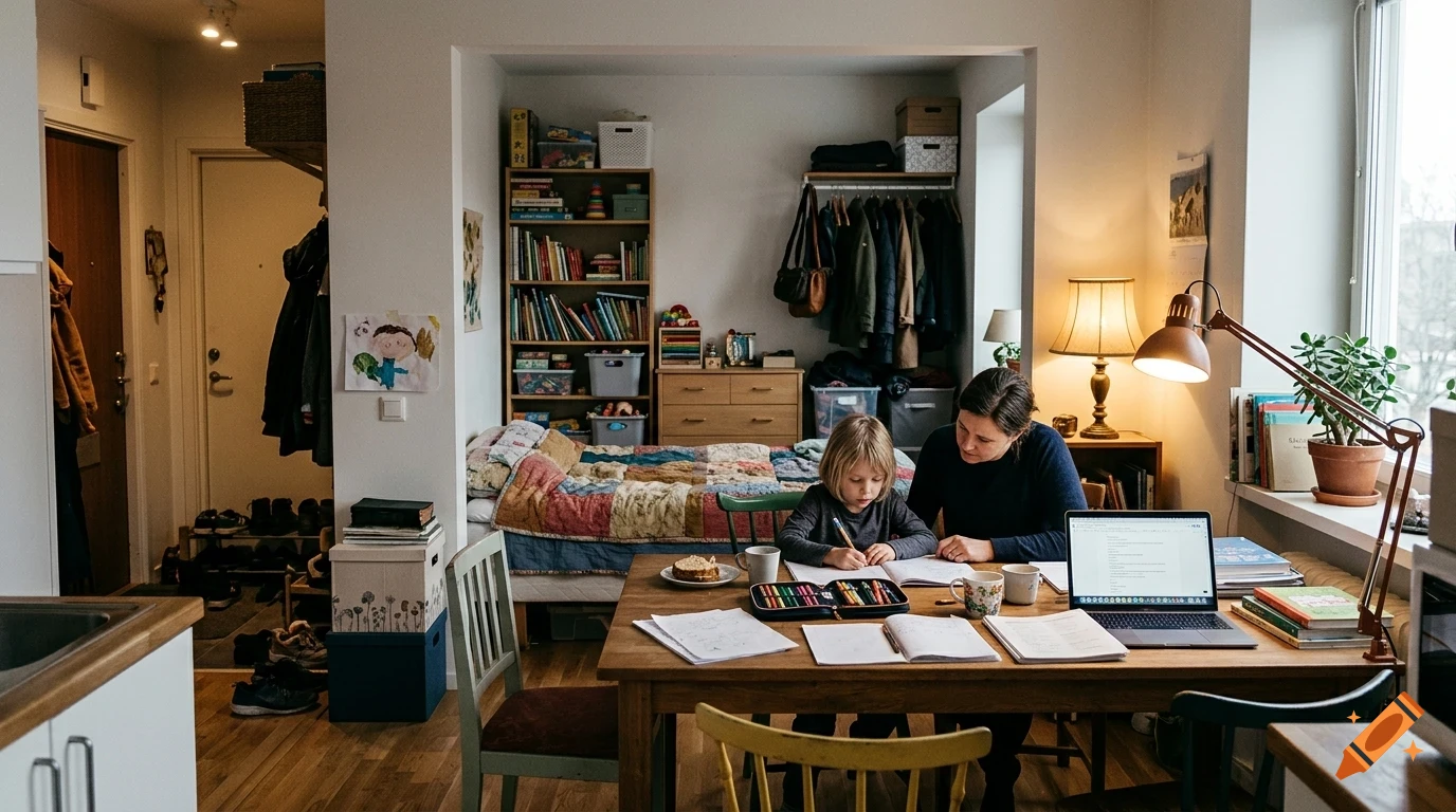 An adult and child sitting at a dining table doing schoolwork together in a cozy apartment.