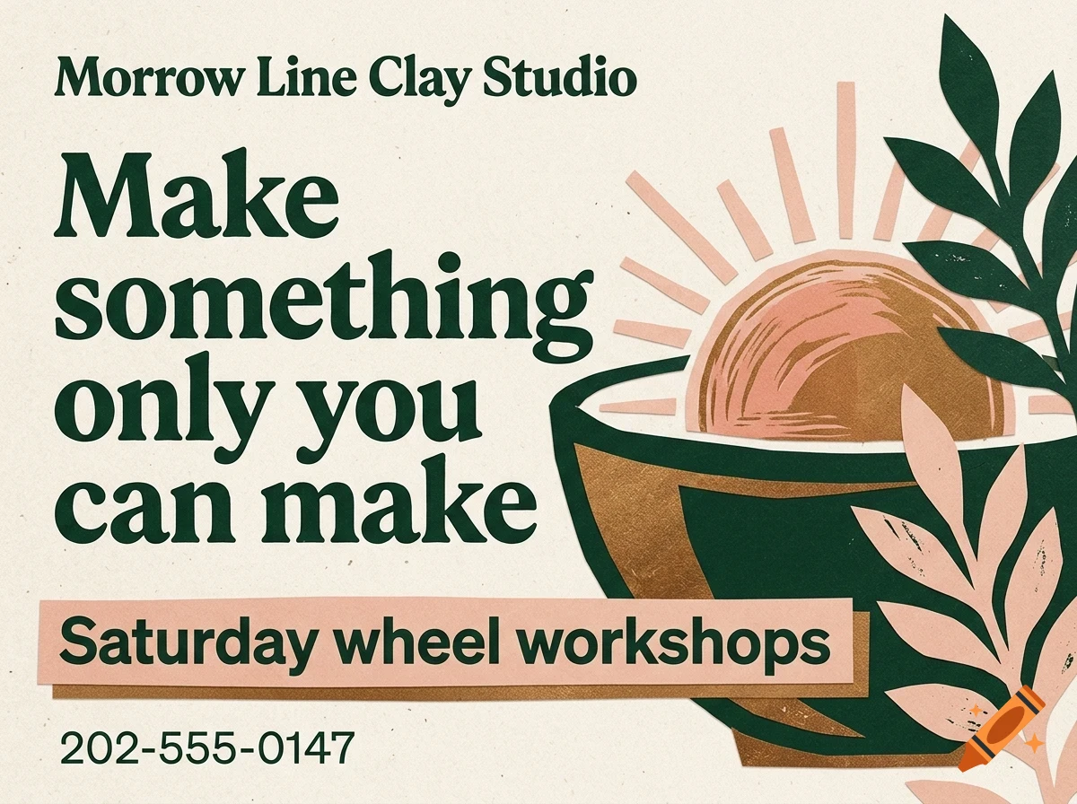 An illustrated poster for Morrow Line Clay Studio featuring a bowl with a rising sun and plant leaves, alongside text saying Make something only you can make.