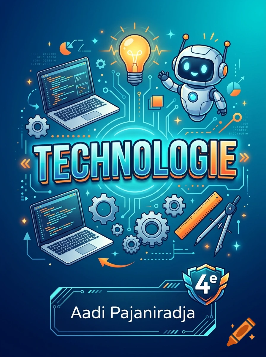 Digital illustration of a technology notebook cover for 4th grade, featuring laptops, a friendly robot, lightbulb, and the name Aadi Pajaniradja.