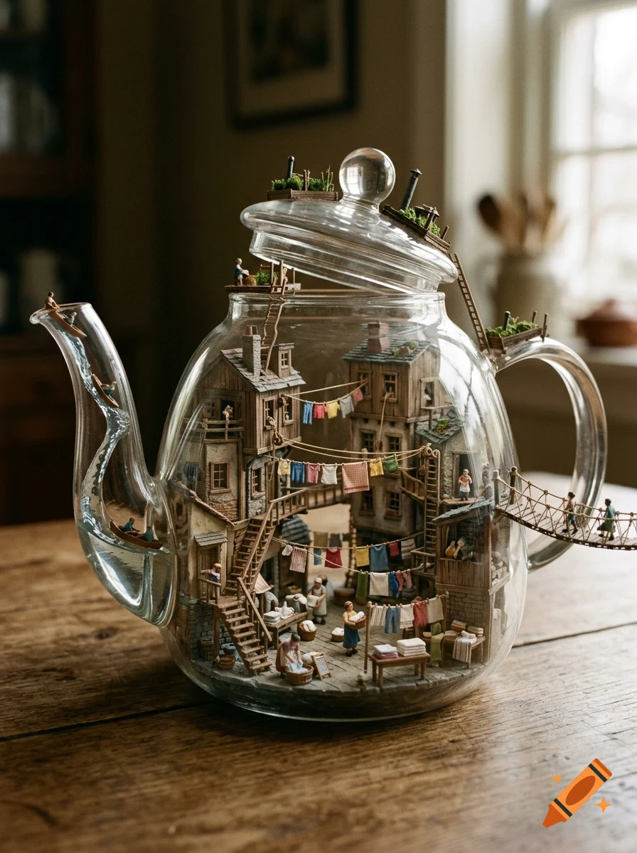 A miniature village built inside a clear glass teapot, featuring tiny houses, laundry lines, and miniature figures.