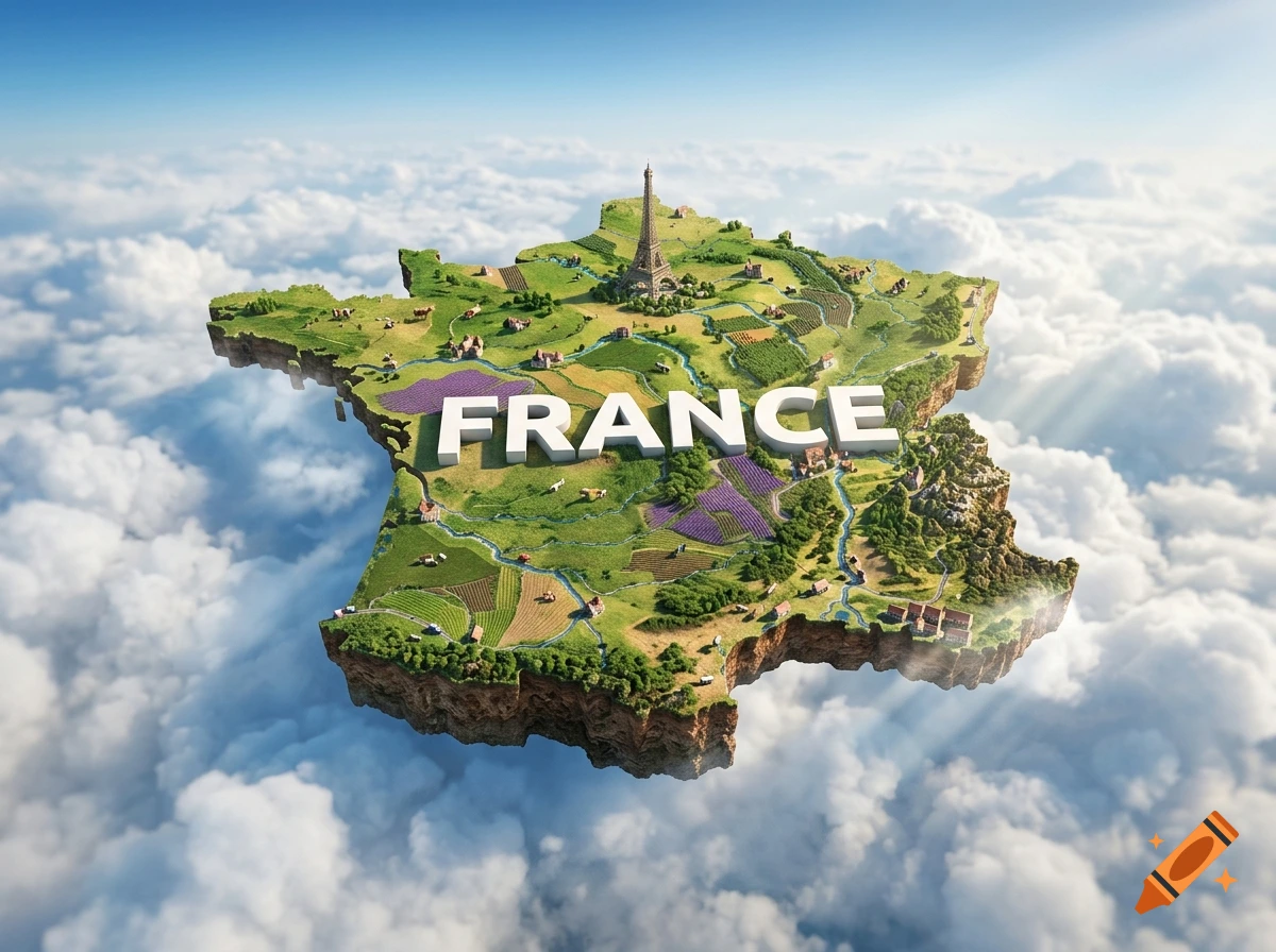 3D digital model of France floating on an island in the clouds, featuring the Eiffel Tower and lavender fields.