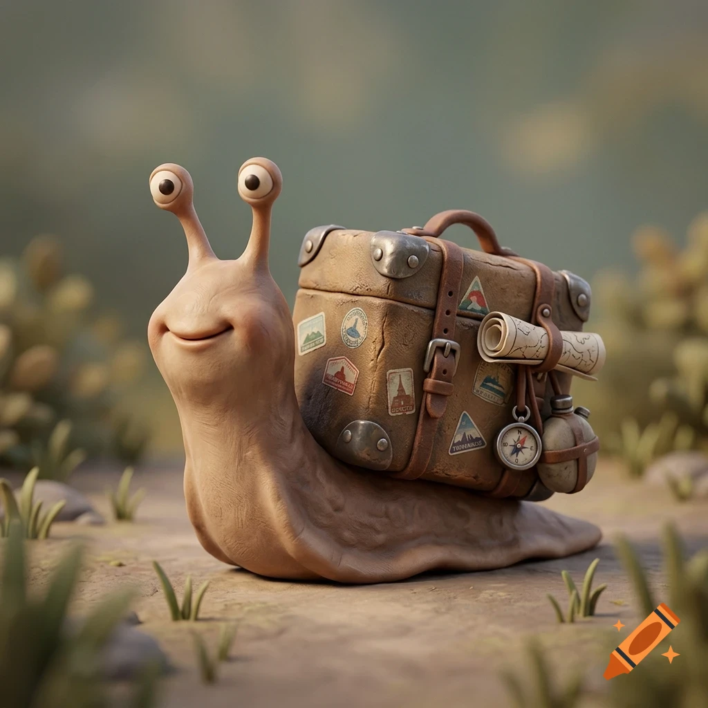 A cute, smiling clay-style snail with a travel suitcase on its back, adorned with stickers, a rolled-up map, compass, and canteen.