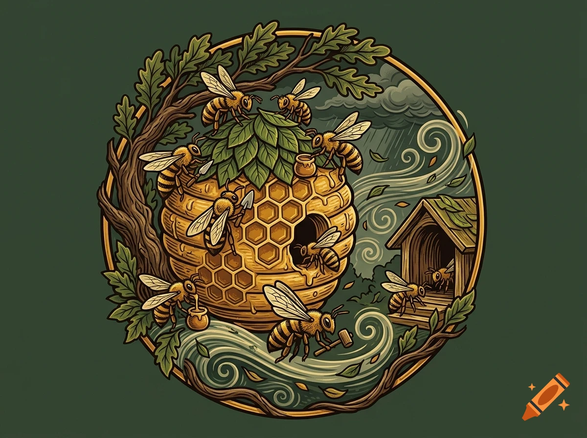 An illustrated round design featuring bees working around a beehive, a tree, and a small wooden house in a windy environment.
