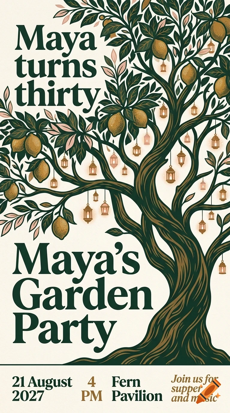 An invitation design featuring a large lemon tree with hanging lanterns and text reading Maya's Garden Party and Maya turns thirty.