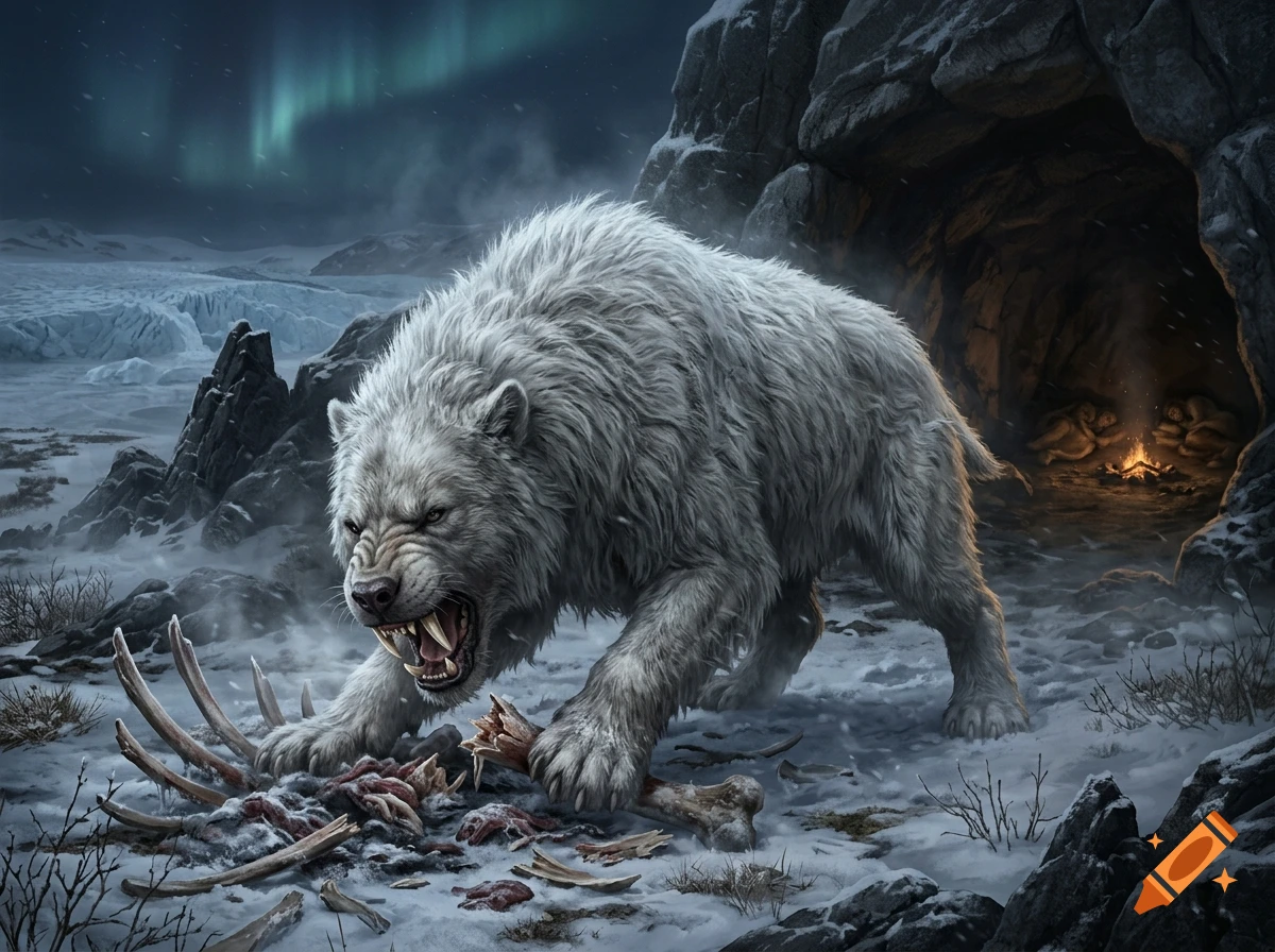 Digital illustration of a large, white, saber-toothed prehistoric mammal in a snowy landscape with a cave and aurora borealis in the background.