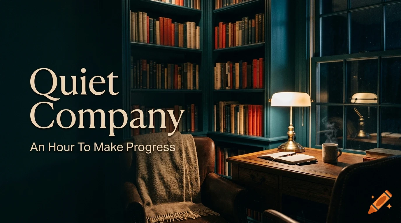 A cozy study with bookshelves, a leather armchair with a throw blanket, a desk with a lamp, an open book, and a mug.