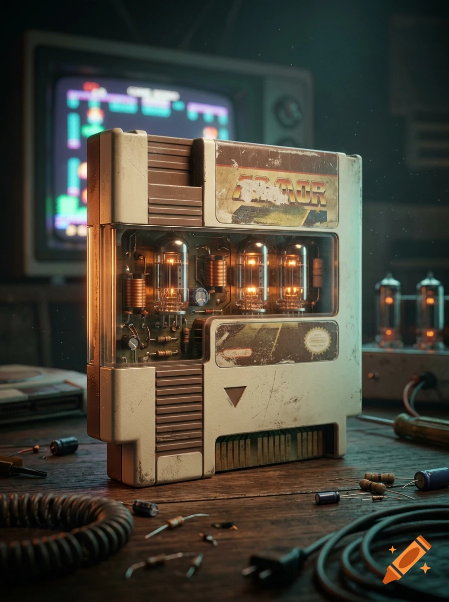 A vintage retro videogame cartridge with glowing vacuum tubes exposed on the front, resting on a wooden workshop table.
