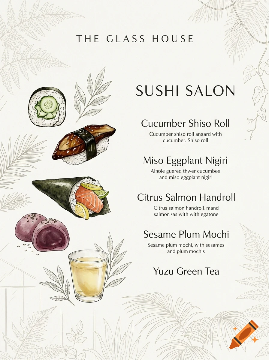 An illustrated menu for Sushi Salon featuring items like cucumber shiso roll, miso eggplant nigiri, citrus salmon handroll, sesame plum mochi, and yuzu green tea, accompanied by botanical drawings.