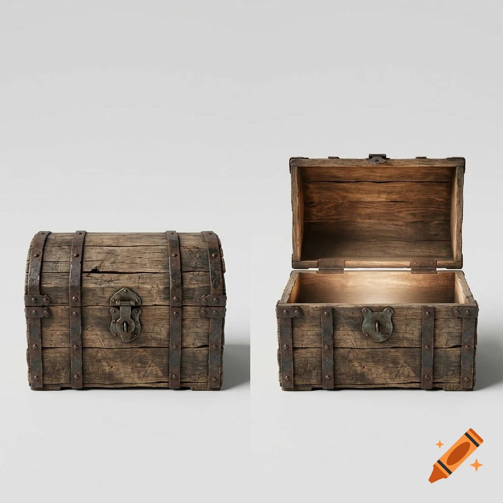 Two views of an old wooden chest with iron bands, one closed and one open with light glowing from inside against a white background.