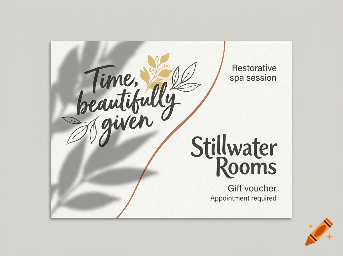 A gift voucher design for Stillwater Rooms featuring lettering, leaf illustrations, and shadow overlays.