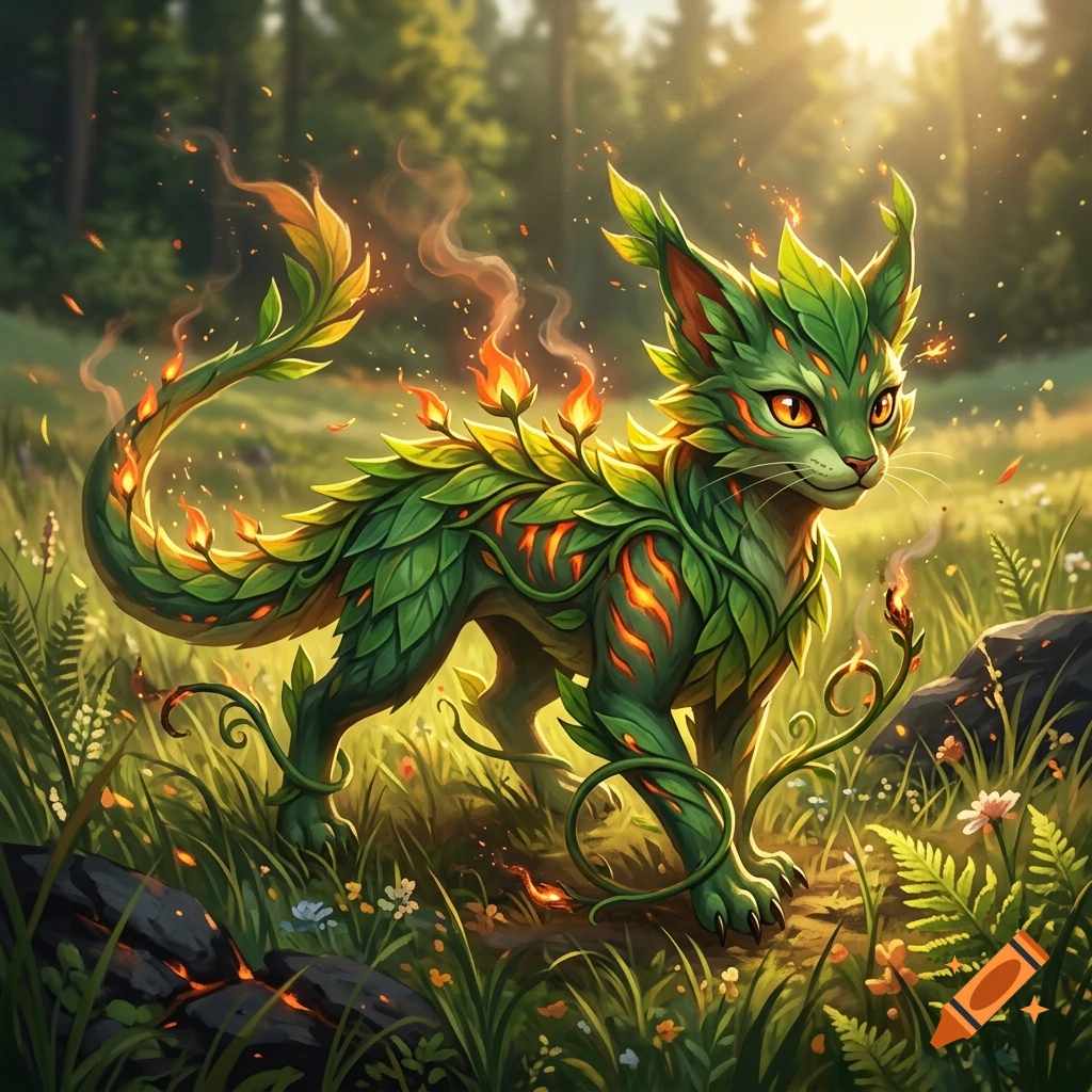 Digital illustration of a feline creature made of green leaves and glowing orange fire elements standing in a grassy forest clearing.