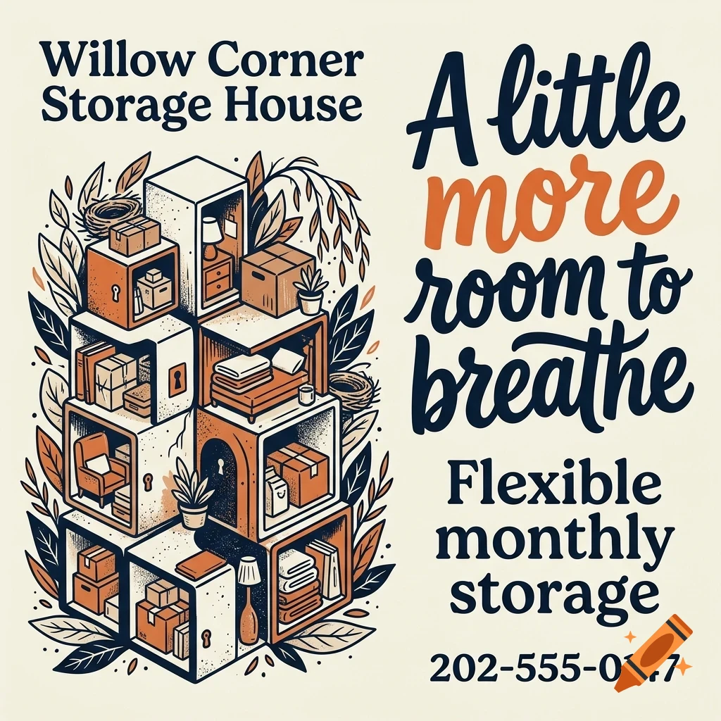 An illustration of stacked storage units filled with boxes, furniture, and plants, accompanied by lettering reading Willow Corner Storage House.