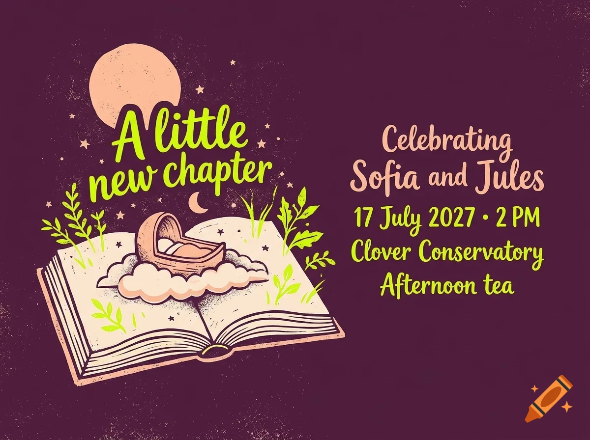 An illustration of an open book with a cradle inside, accompanied by text reading A little new chapter and celebration details.