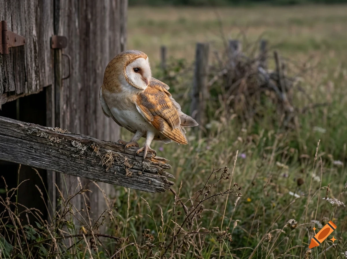 A barn owl perched on a wooden beam outside a rustic barn.