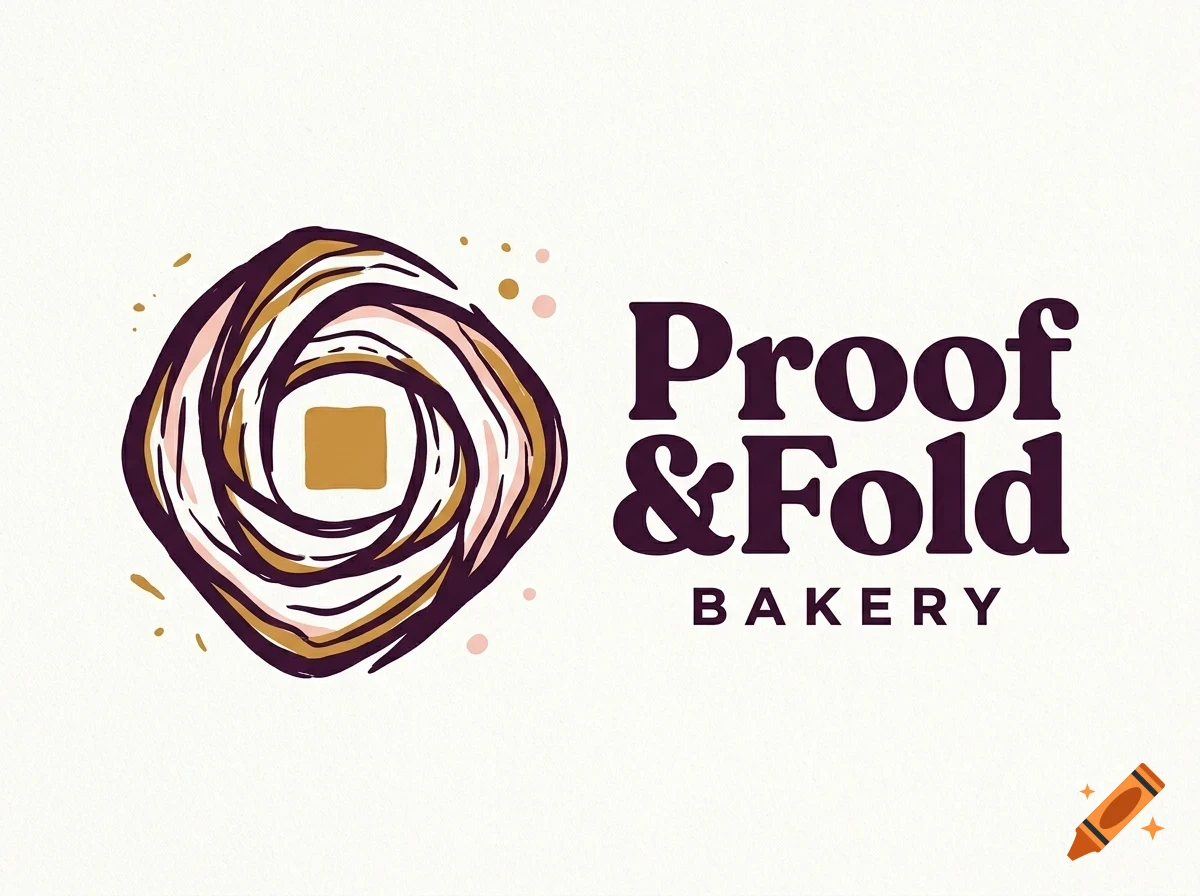 A logo for Proof & Fold Bakery featuring an abstract baked good graphic and bold text.