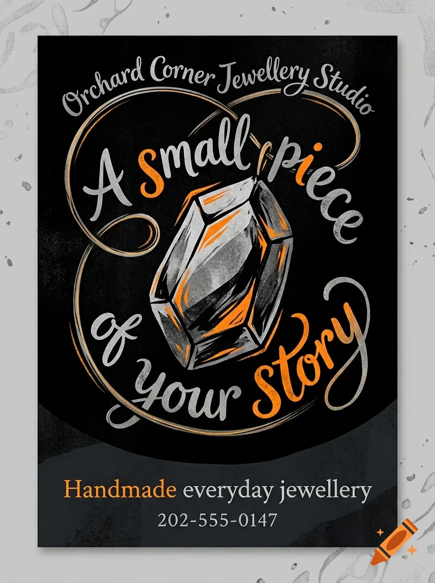 A poster featuring a crystal illustration surrounded by lettering that reads Orchard Corner Jewellery Studio and A small piece of your story.