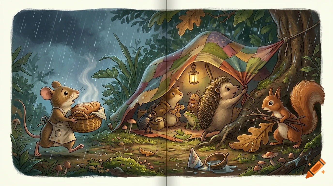 An illustrated children's book scene depicting anthropomorphic animals camping under a makeshift tent during a rainstorm.