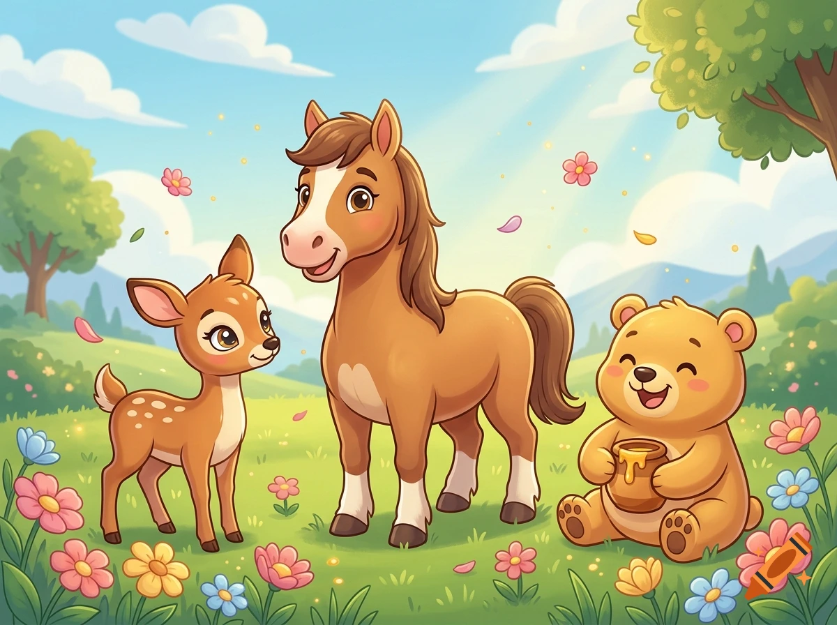 Digital illustration of a cute cartoon horse, a baby deer, and a bear holding a honey pot in a sunny grassy field with flowers.