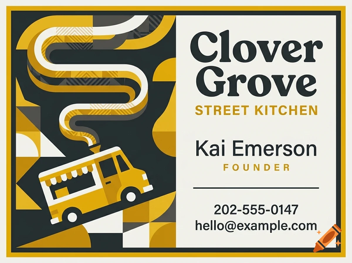 A business card design for Clover Grove Street Kitchen featuring a food truck graphic and contact details.