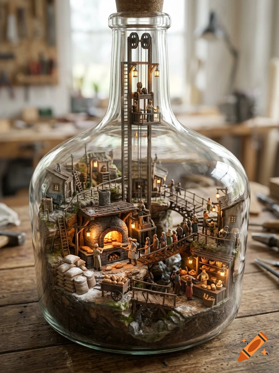 A detailed miniature village with tiny figures, buildings, and a bakery inside a large glass bottle on a wooden workbench.