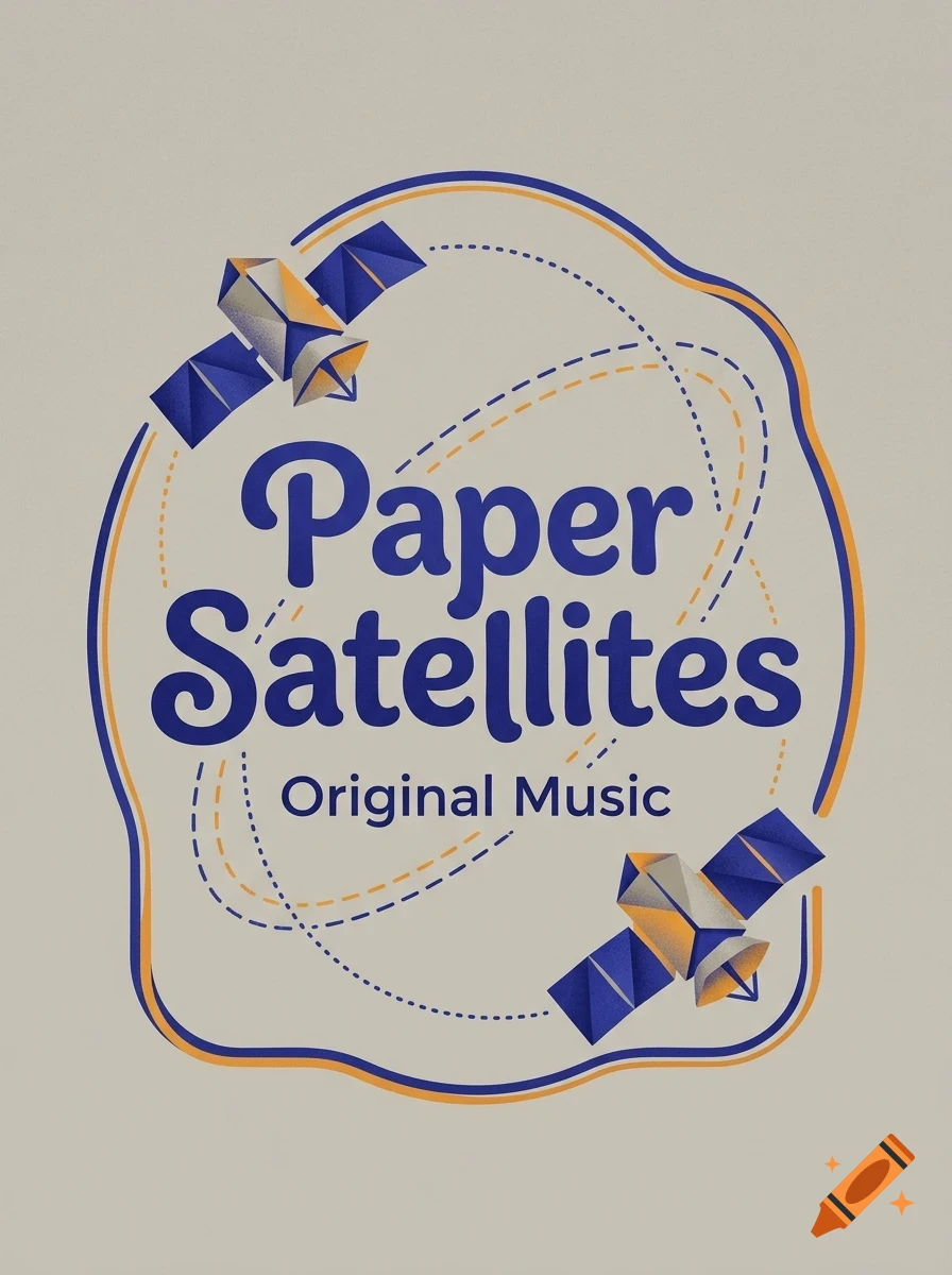 An artistic illustration featuring paper-style satellites orbiting with the text Paper Satellites Original Music.