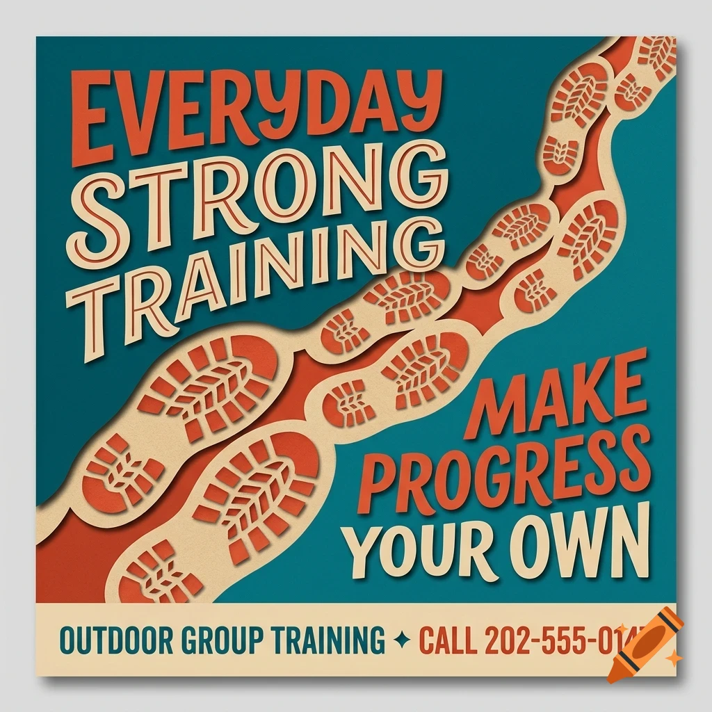 A poster with text reading 'EVERYDAY STRONG TRAINING' and 'MAKE PROGRESS YOUR OWN', featuring boot print paths.