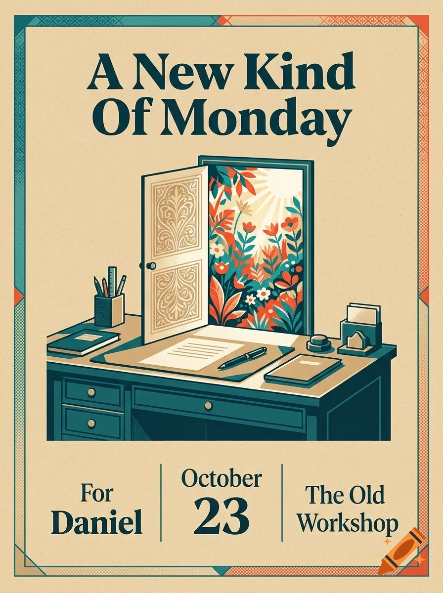 An illustrated poster showing a desk with an open door leading to a sunny garden of flowers, with text reading 'A New Kind Of Monday'.