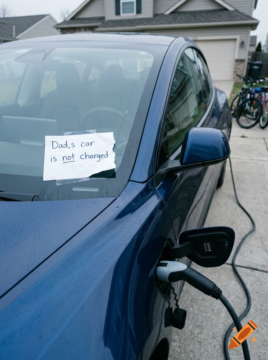 Photorealistic close-up of a blue electric car plugged into a charger with a handwritten note on the windshield saying Dad,s car is not charged.