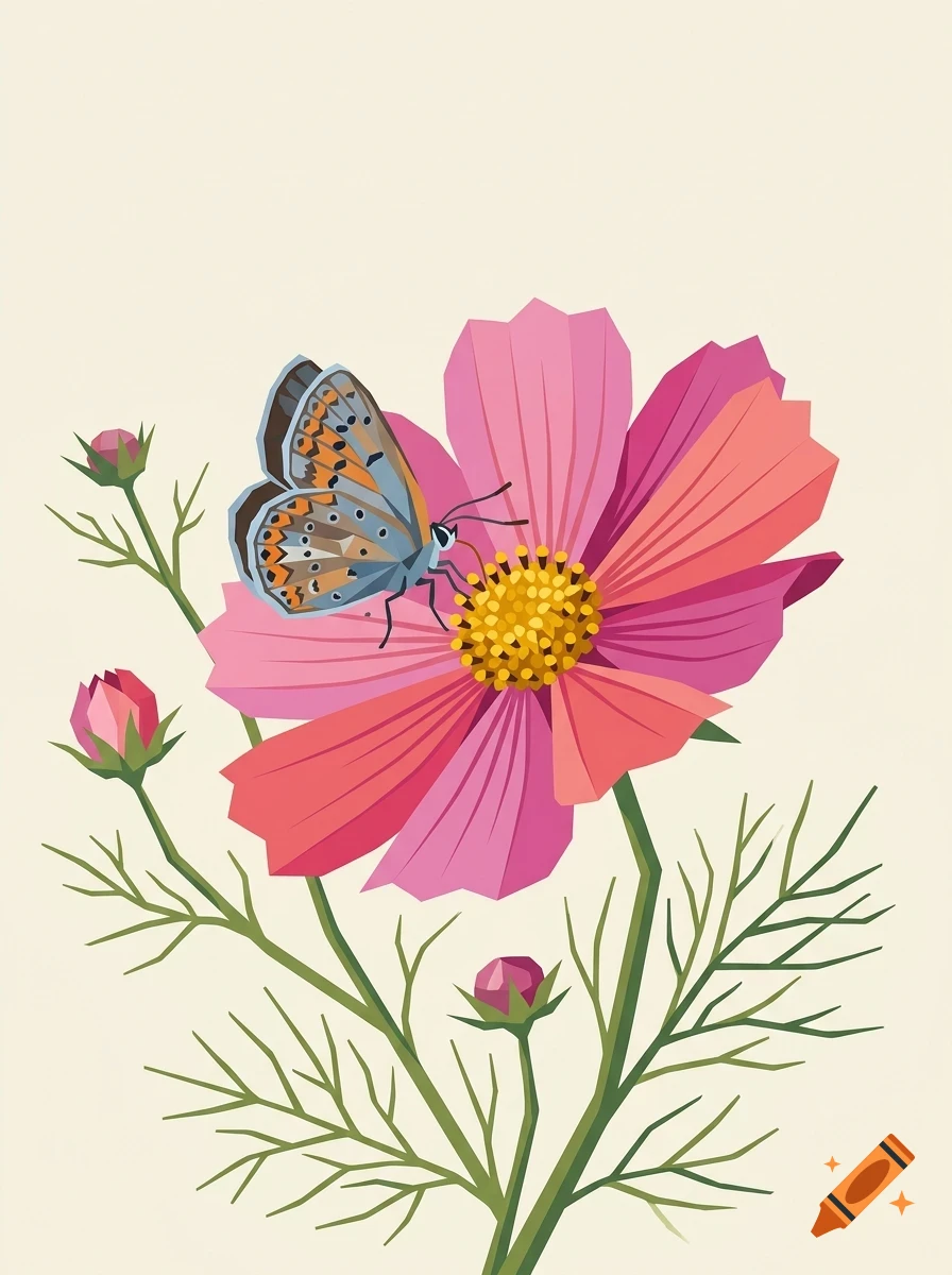 A stylized illustration of a butterfly perched on a pink flower with a yellow center, accompanied by flower buds and green stems against a cream background.