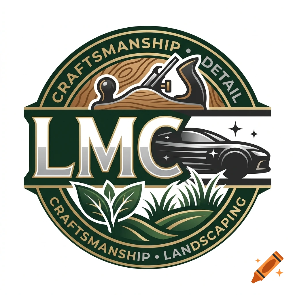 Circular logo featuring woodworking tools, a car, foliage, and the text LMC, craftsmanship, and landscaping in a green and gold color scheme.