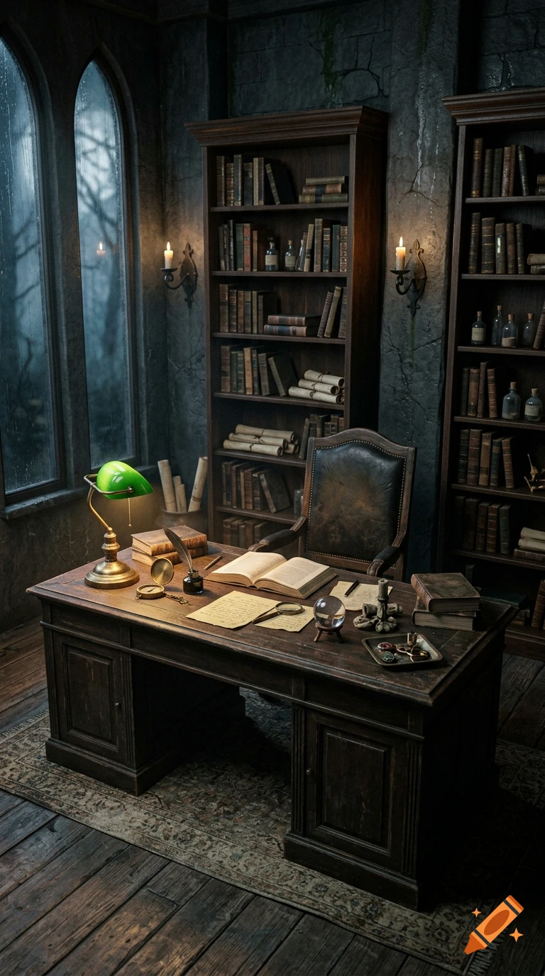 Dark fantasy style study room with a large wooden desk, leather chair, tall bookshelves, and a green desk lamp.