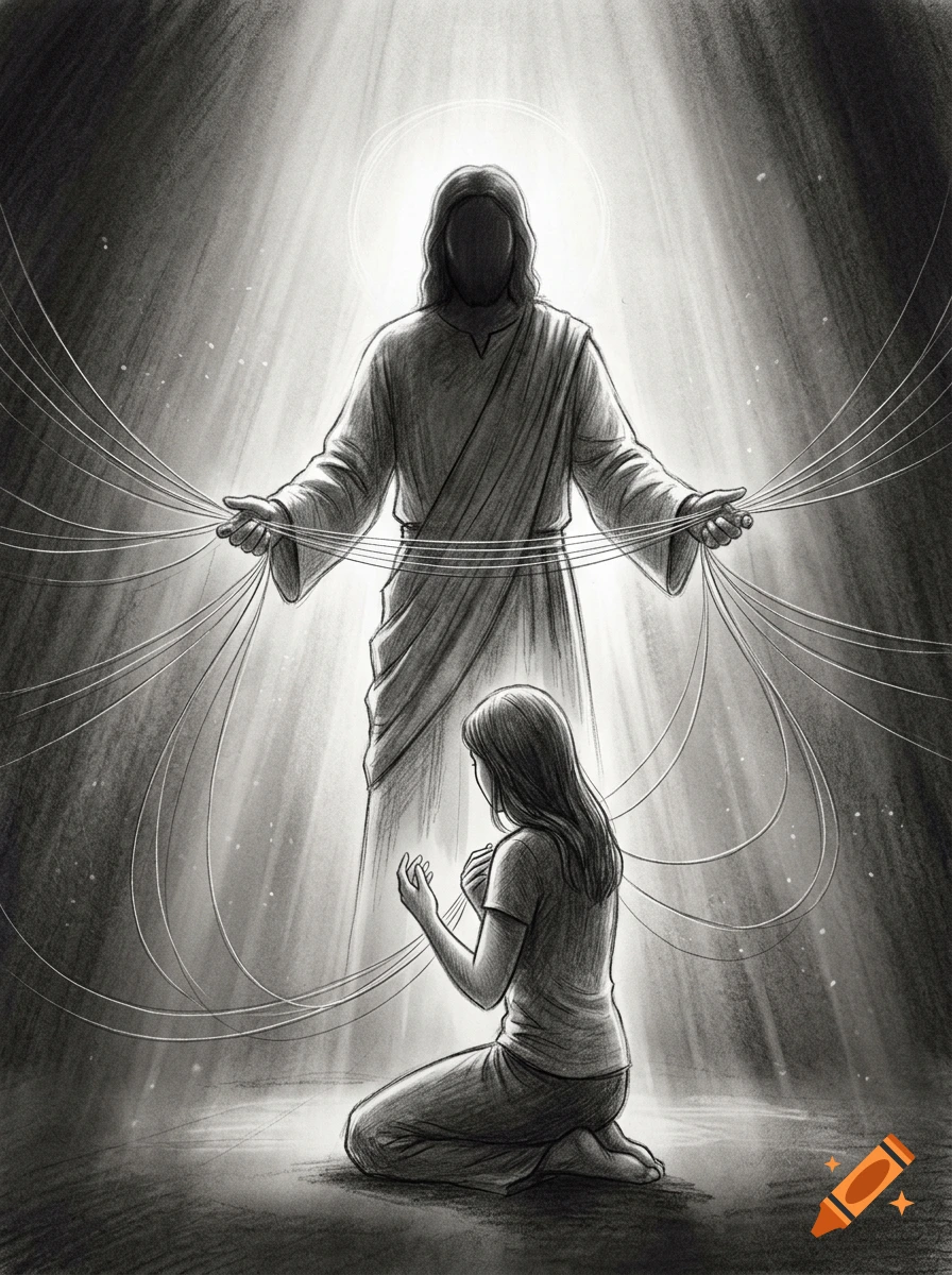 Pencil sketch of a woman kneeling before a faceless figure of Jesus holding strings connected to her, illuminated by light.