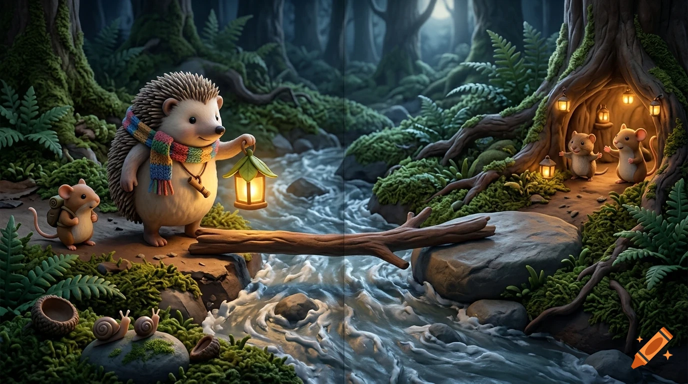 An anthropomorphic hedgehog wearing a colorful scarf holds a lit lantern near a forest stream, with mice nearby.