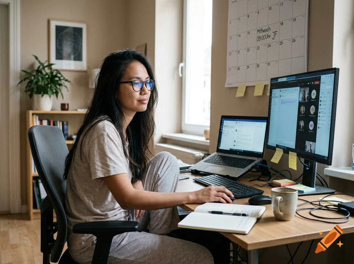 Photorealistic image of a young woman with glasses sitting at a desk at home, attending a video conference on her computer.