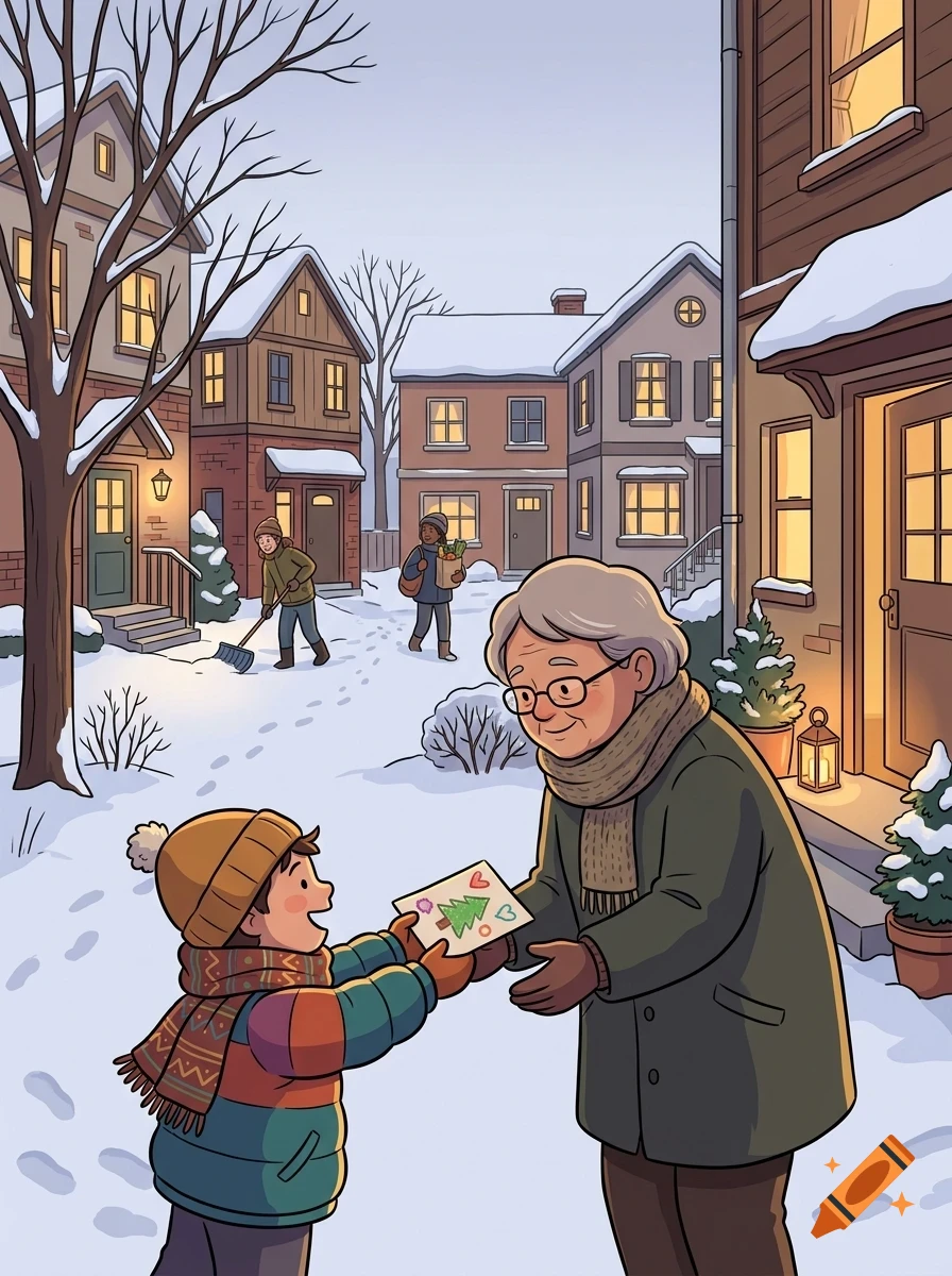 An illustration of a child giving a handmade card to an elderly woman in a snowy neighborhood street.