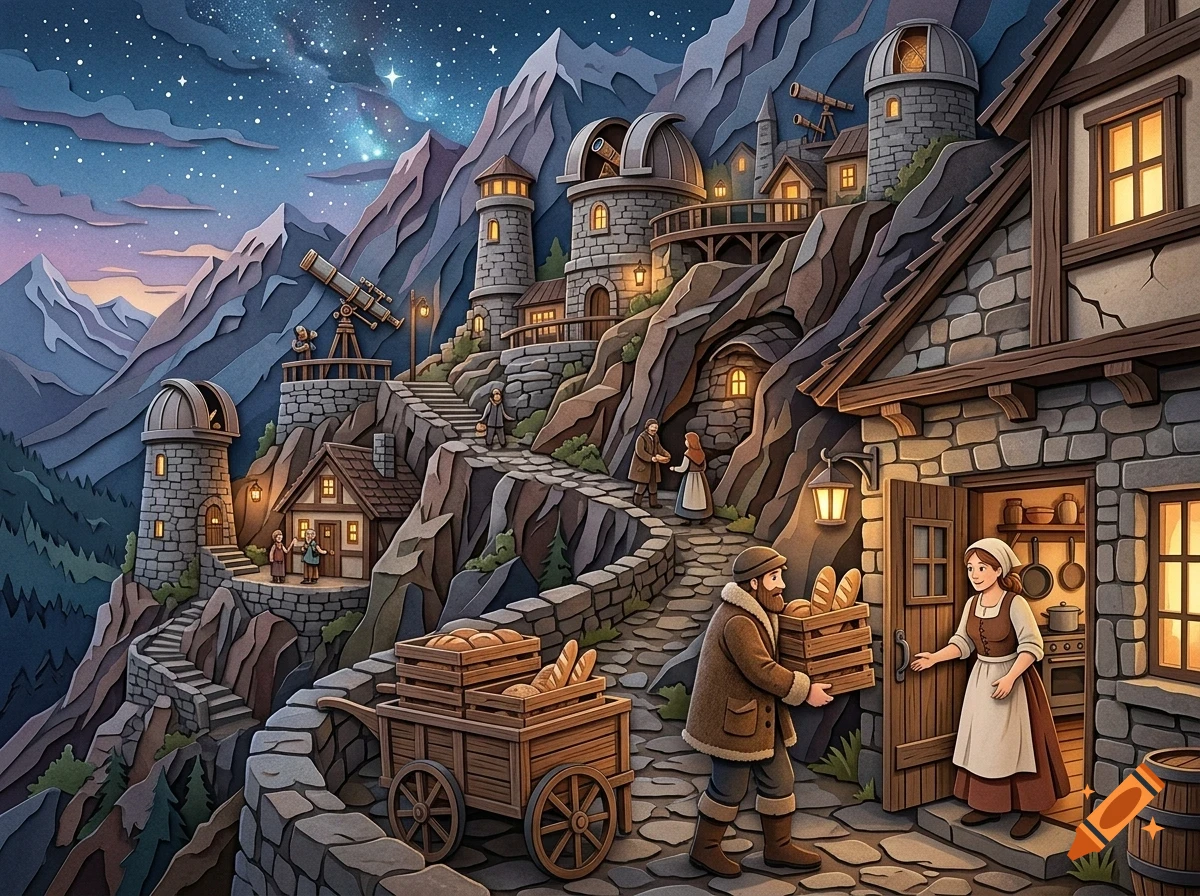 An illustrated mountainous village at night with stone buildings, observatories, telescopes, and people carrying crates of bread along a winding path under a starry sky.