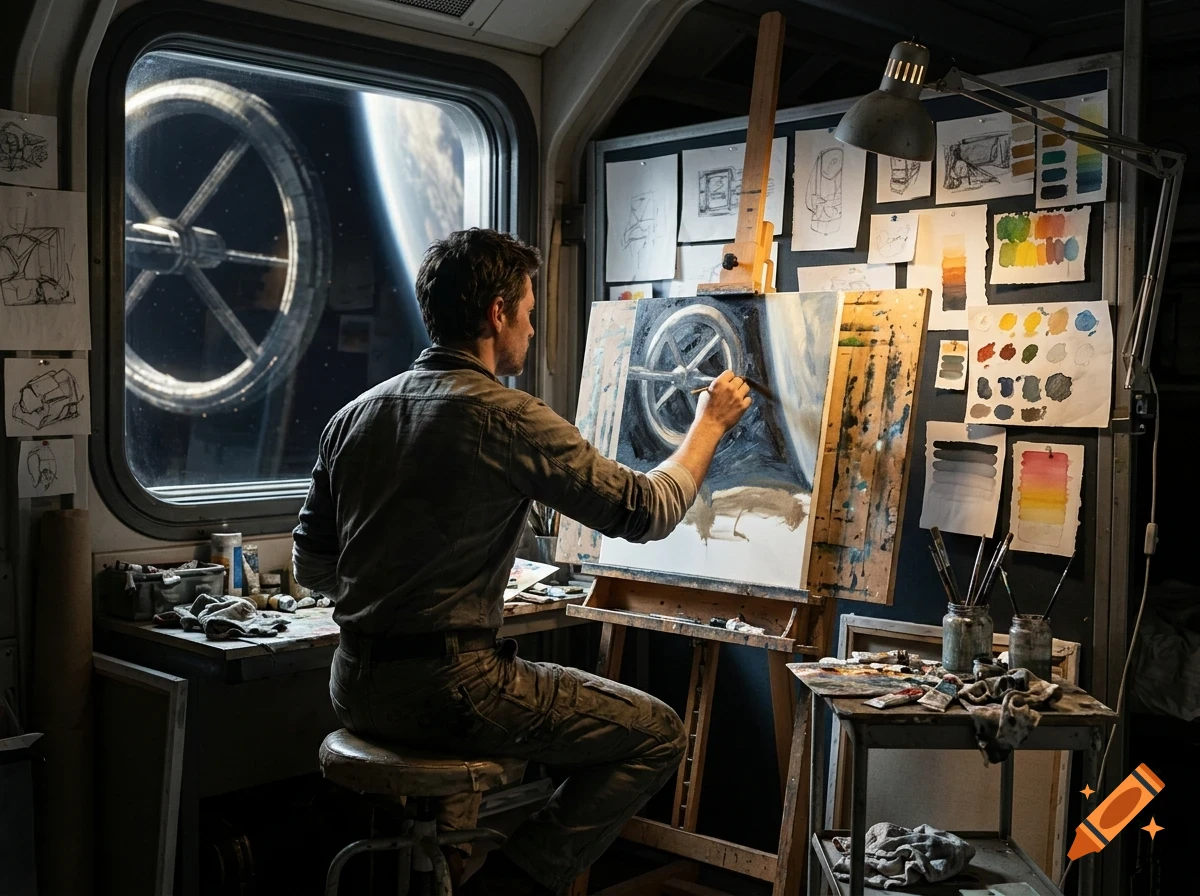 An artist sits on a stool in a studio, painting a canvas on an easel, with sketches pinned to the wall and a large window showing a space station and planet.