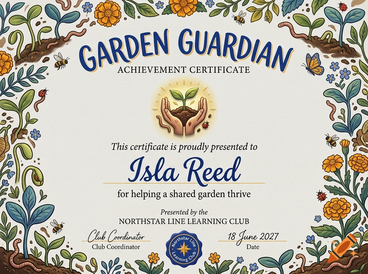 An illustrated achievement certificate titled Garden Guardian decorated with a botanical border of plants, flowers, insects, and worms.
